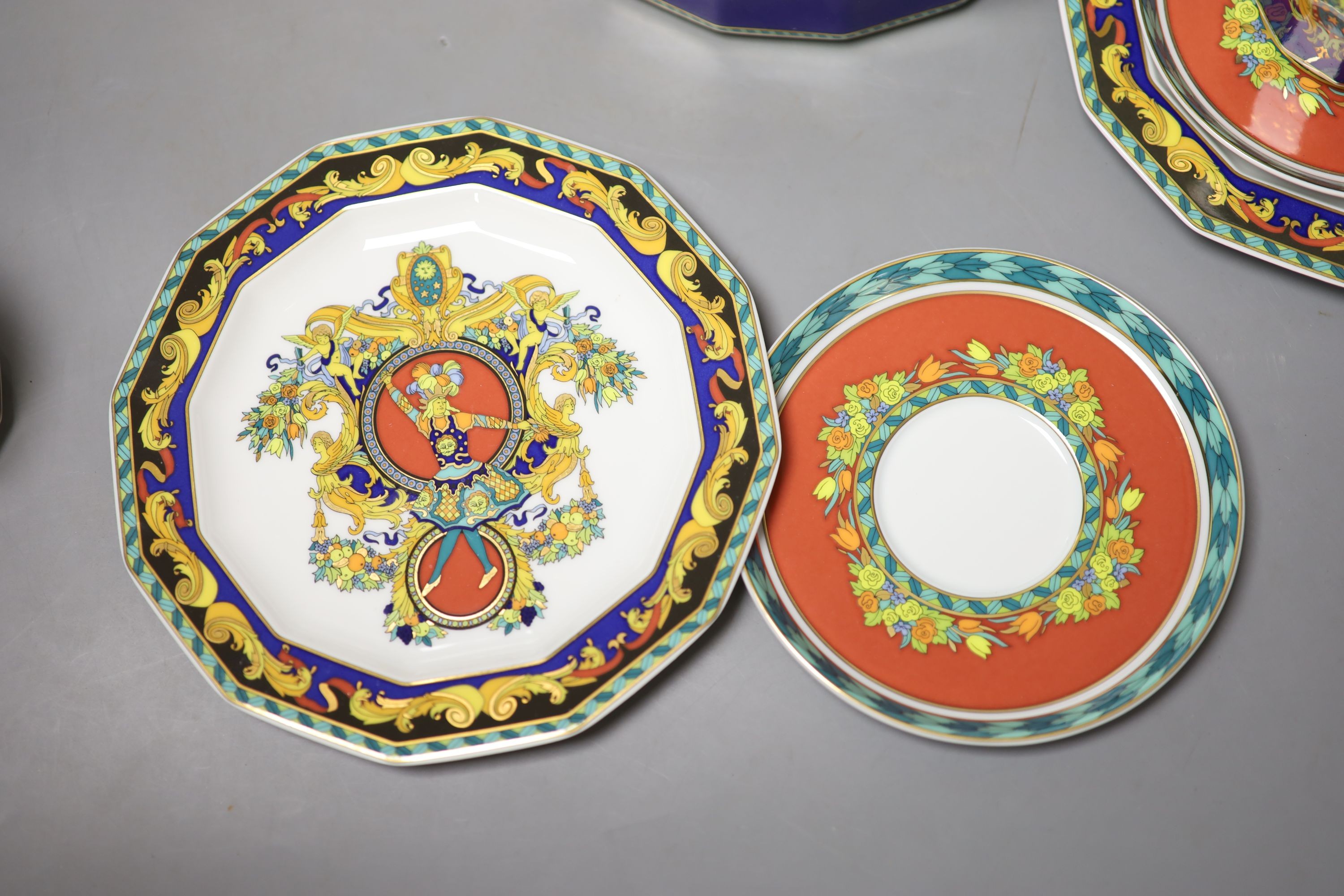 A group of Versace Rosenthal Le Roi Soleil plates and coffee cups and saucers and a bowl, 18.5cm, ten in total